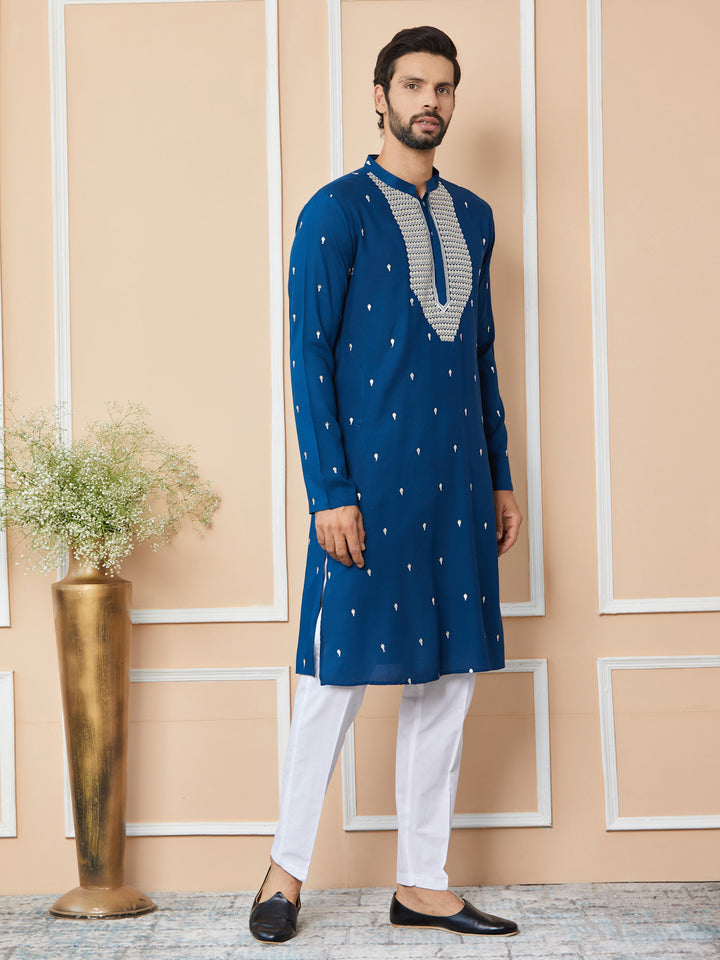 Royal Blue Sequins Embroidered Rayon Straight Kurta with Yoke Design and Pyjama