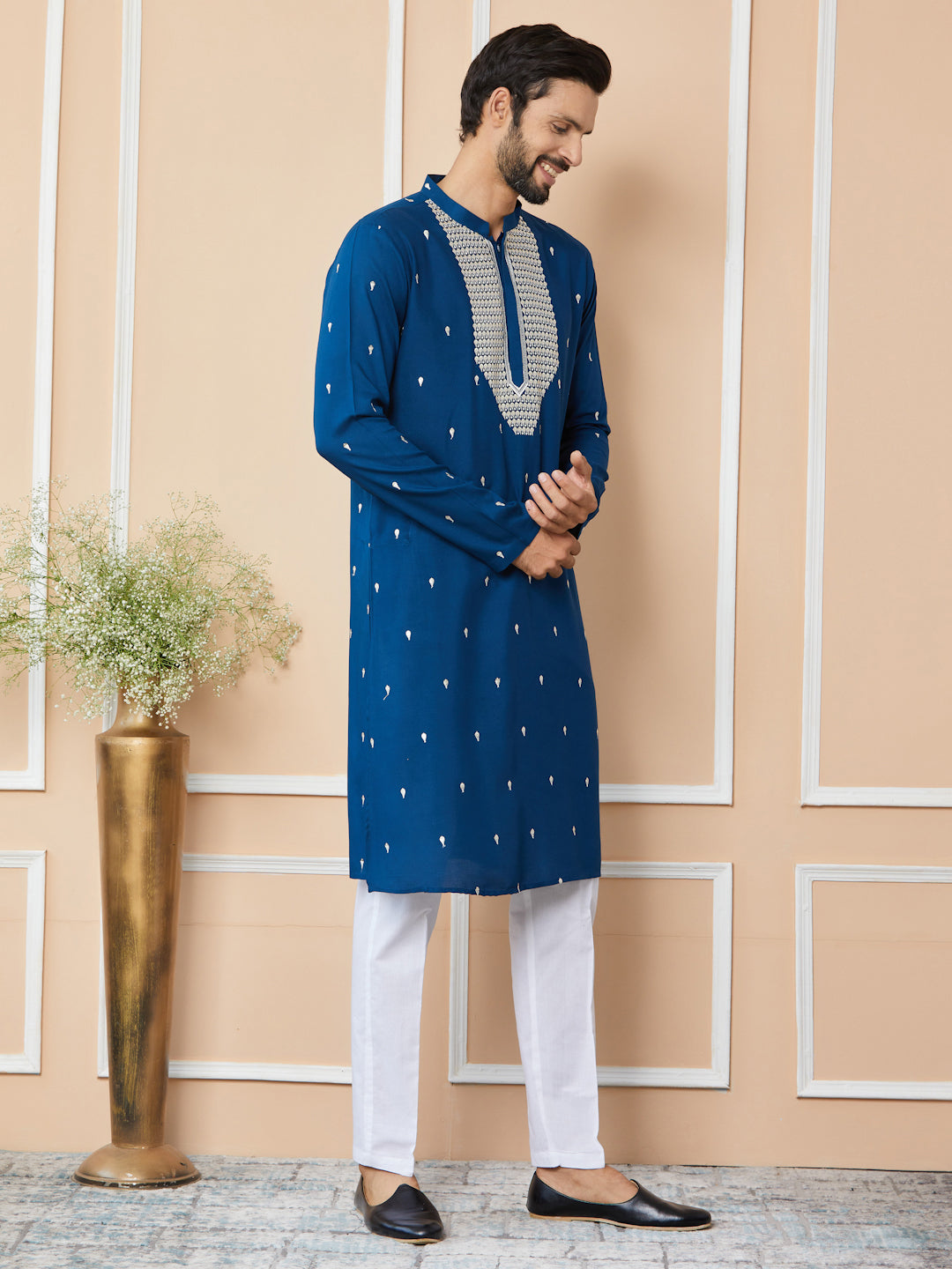 Royal Blue Sequins Embroidered Rayon Straight Kurta with Yoke Design and Pyjama