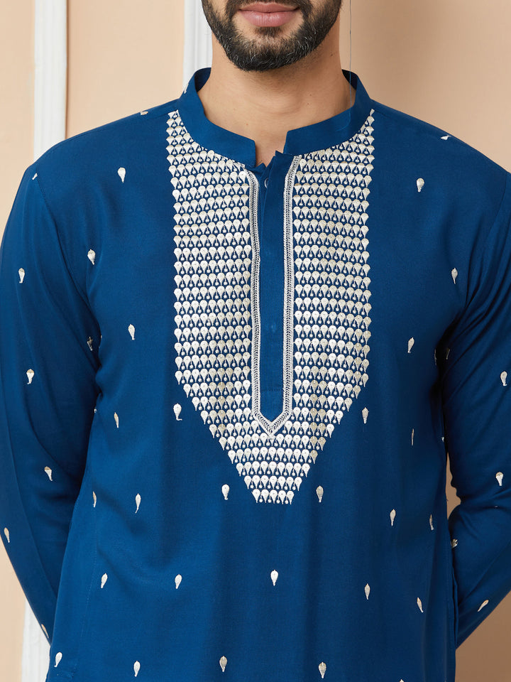 Royal Blue Sequins Embroidered Rayon Straight Kurta with Yoke Design and Pyjama