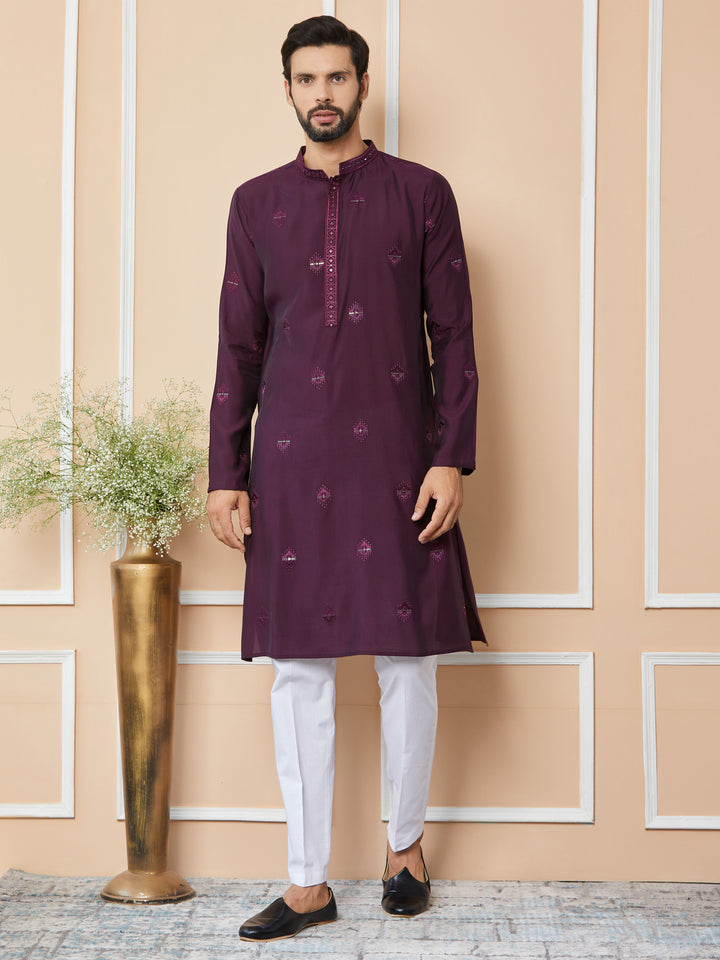 Purple Embroidered Pure Chanderi Silk Straight Kurta