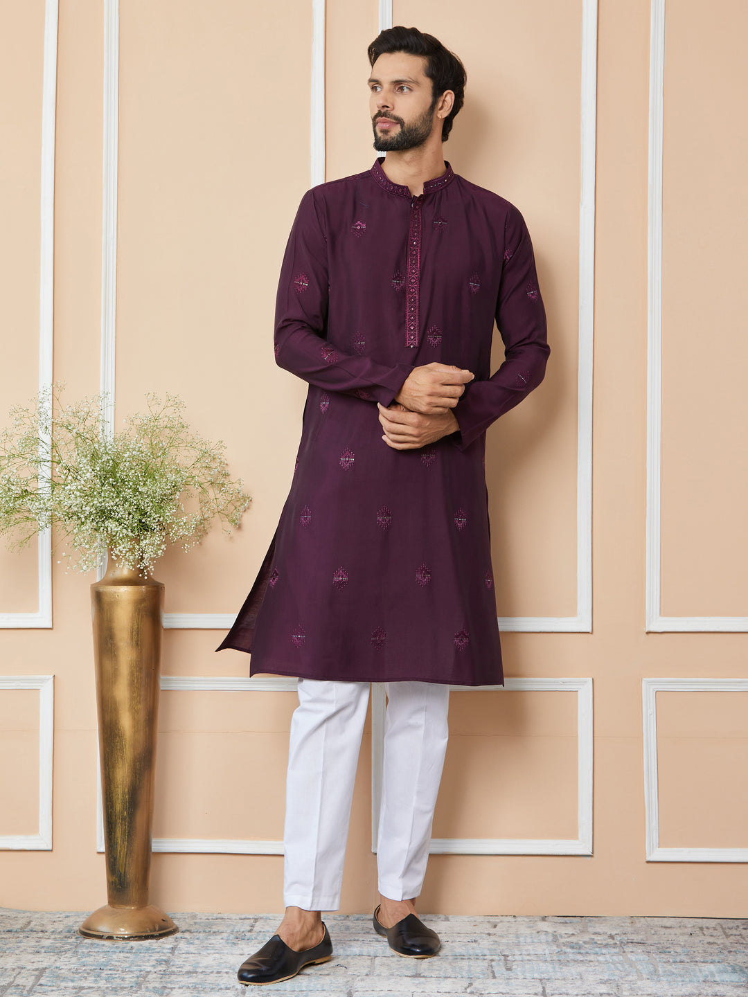 Purple Embroidered Pure Chanderi Silk Straight Kurta