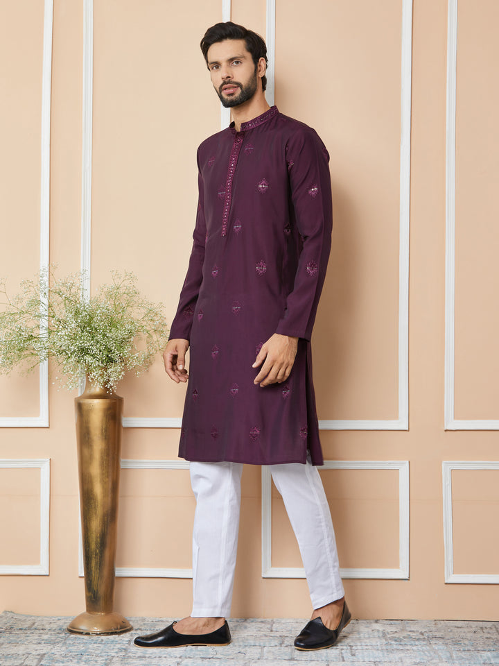 Purple Embroidered Pure Chanderi Silk Straight Kurta