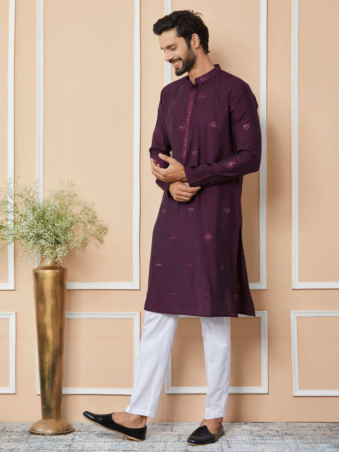 Purple Embroidered Pure Chanderi Silk Straight Kurta