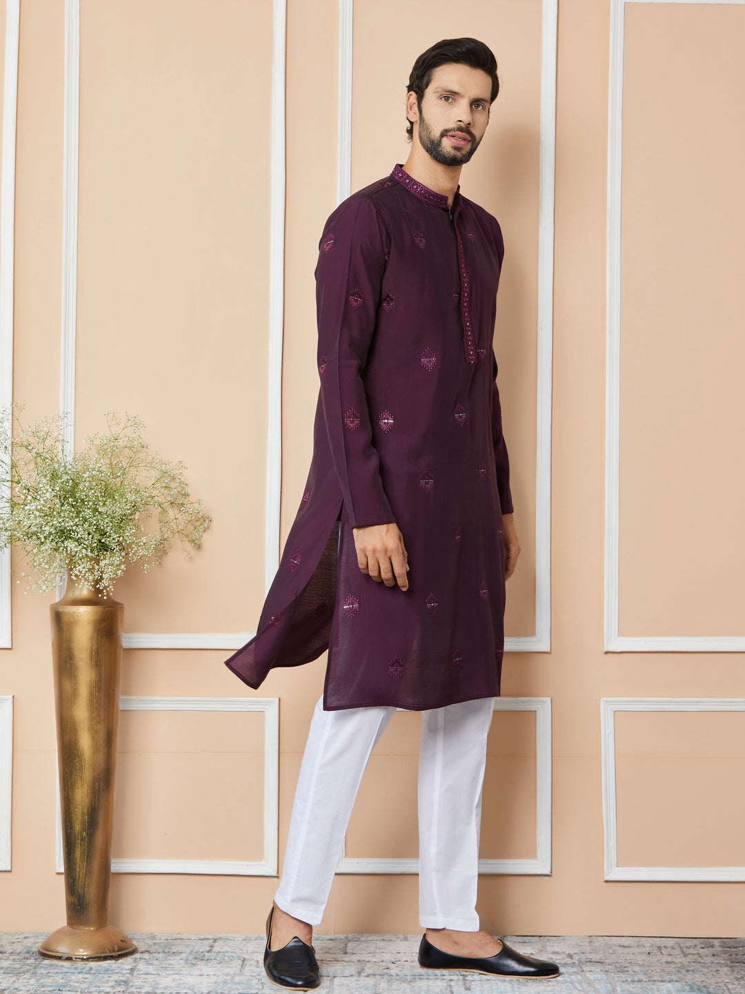 Purple Embroidered Pure Chanderi Silk Straight Kurta