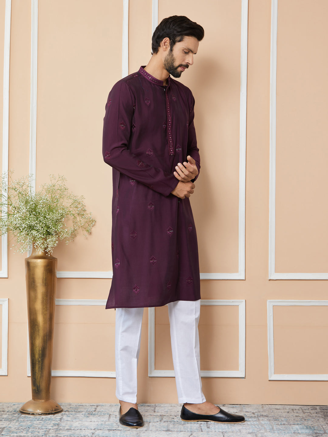 Purple Embroidered Pure Chanderi Silk Straight Kurta