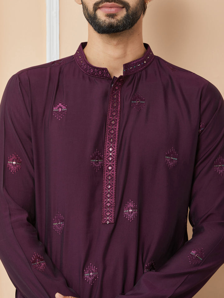 Purple Embroidered Pure Chanderi Silk Straight Kurta