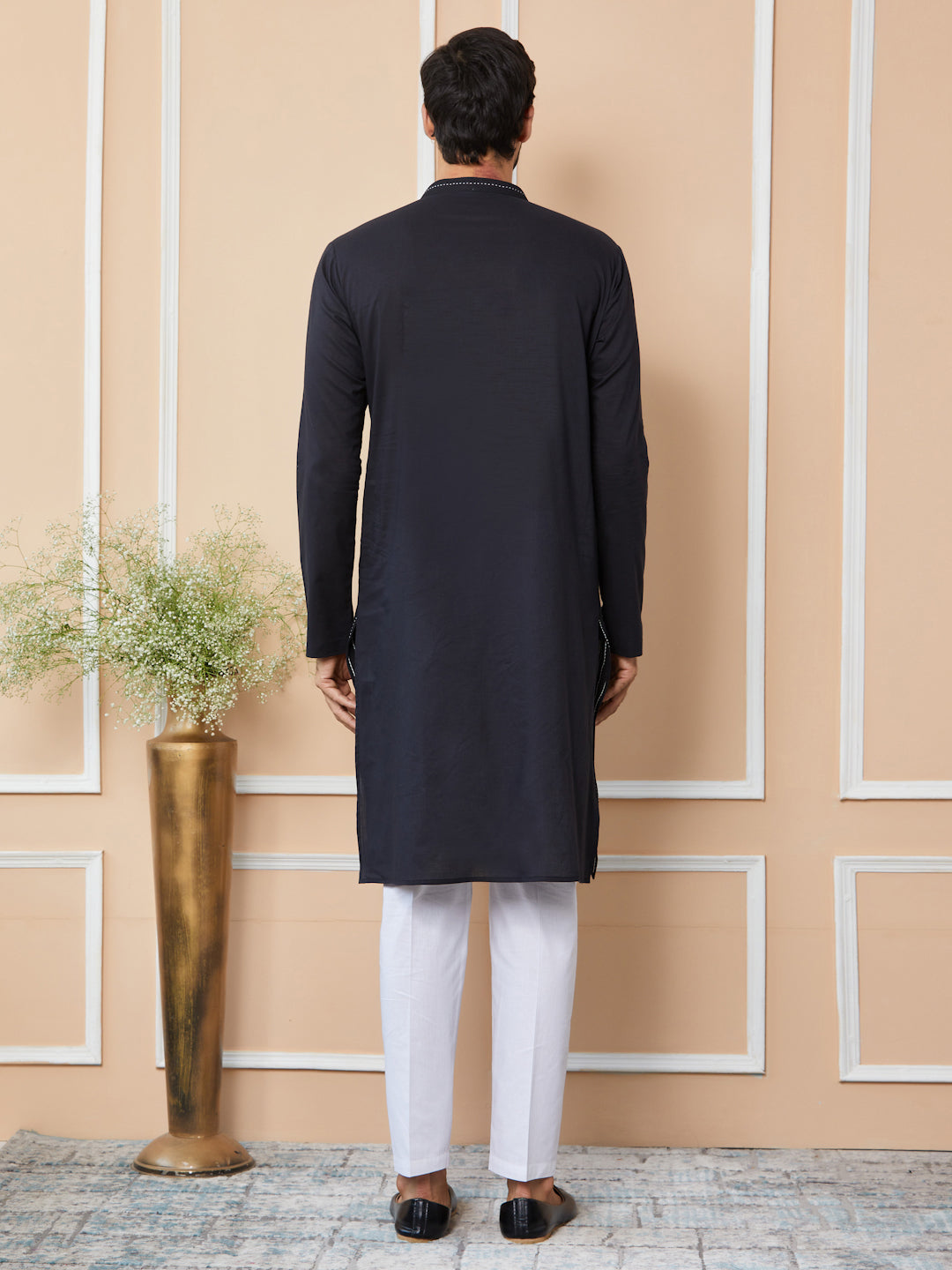 Black Thread Worked Pure Cotton Straight Kurta with Pyjama