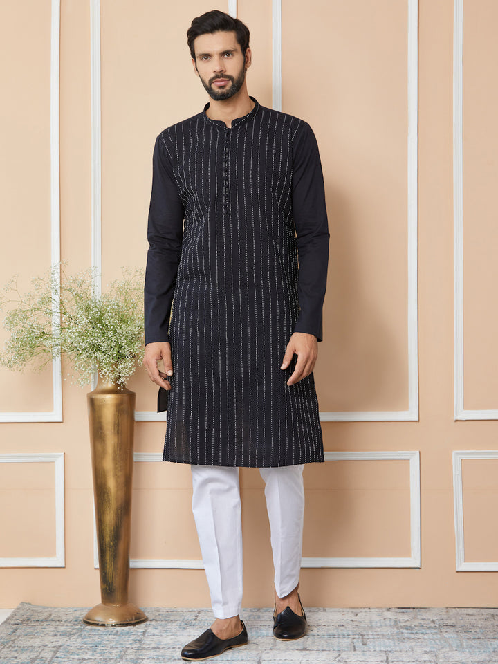 Black Thread Worked Pure Cotton Straight Kurta with Pyjama