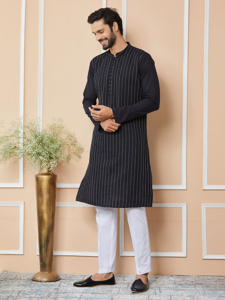 Black Thread Worked Pure Cotton Straight Kurta