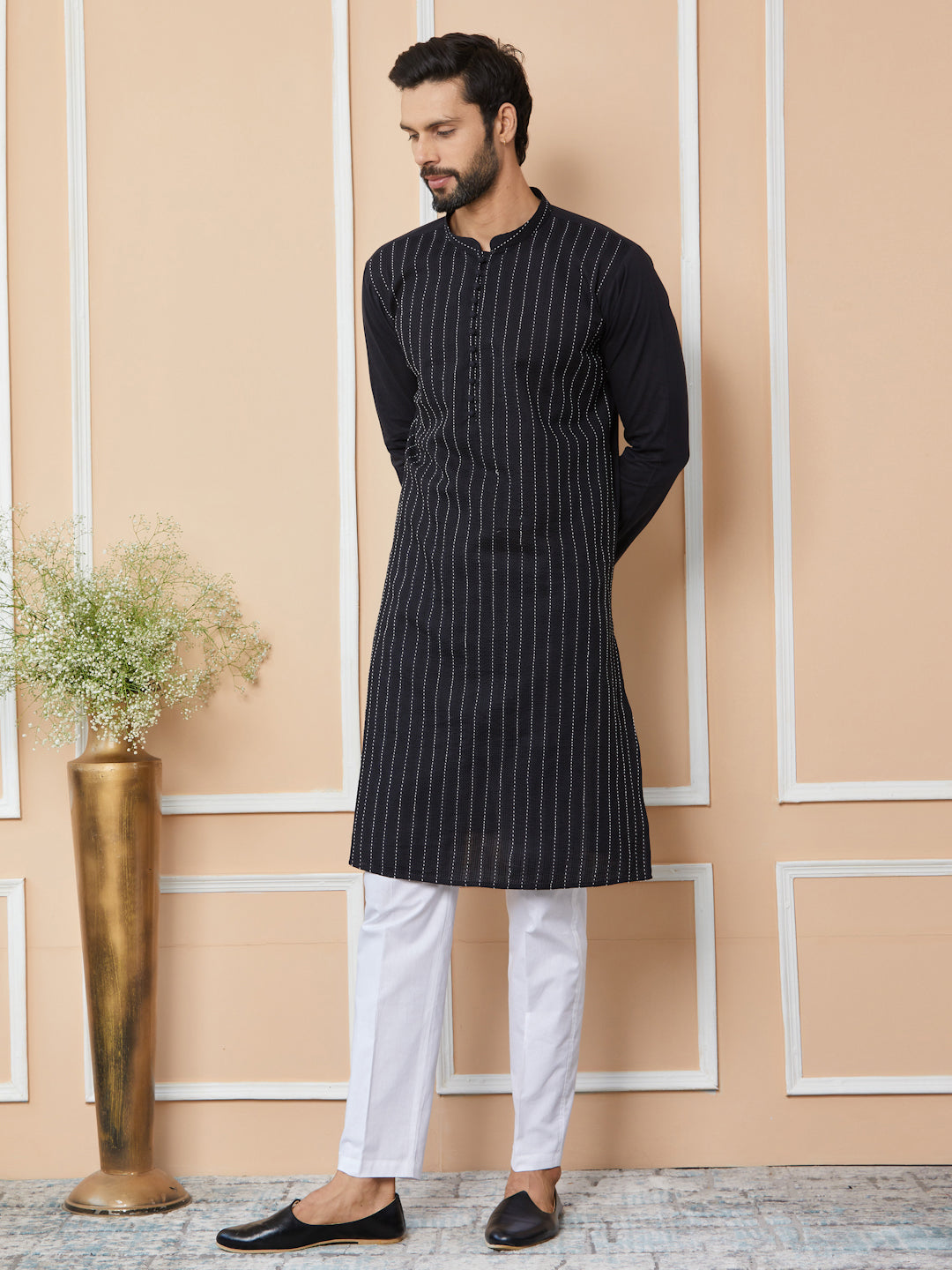 Black Thread Worked Pure Cotton Straight Kurta