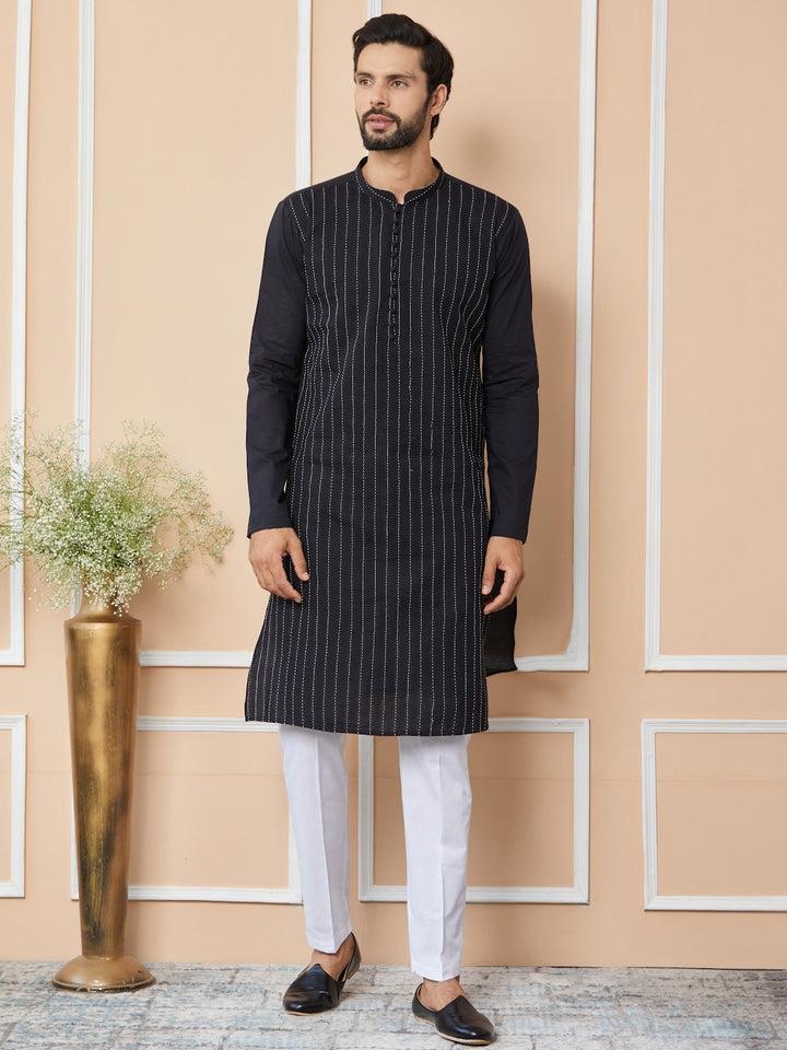 Black Thread Worked Pure Cotton Straight Kurta