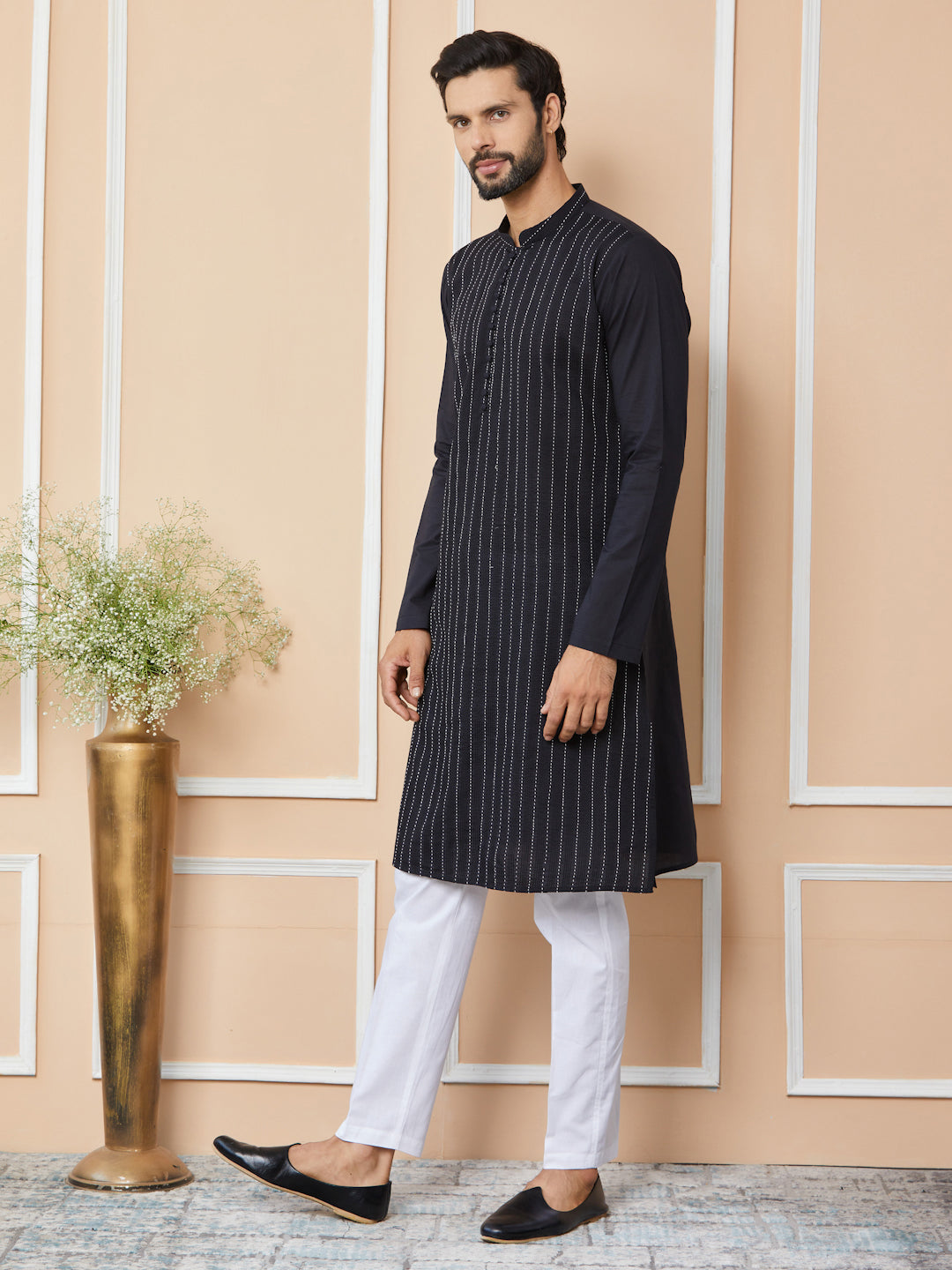 Black Thread Worked Pure Cotton Straight Kurta