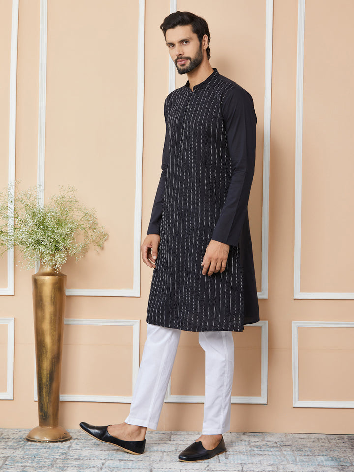 Black Thread Worked Pure Cotton Straight Kurta with Pyjama