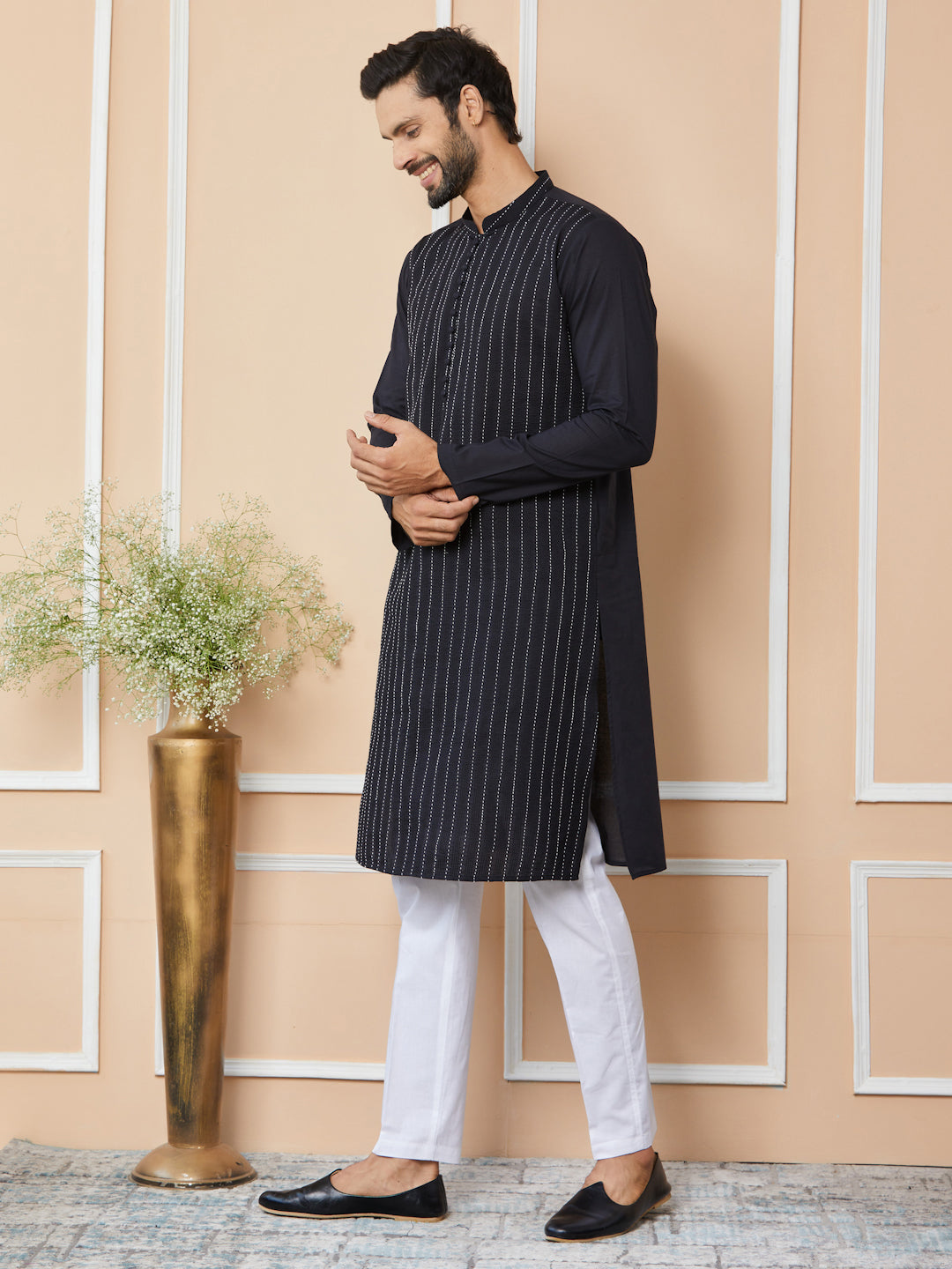 Black Thread Worked Pure Cotton Straight Kurta