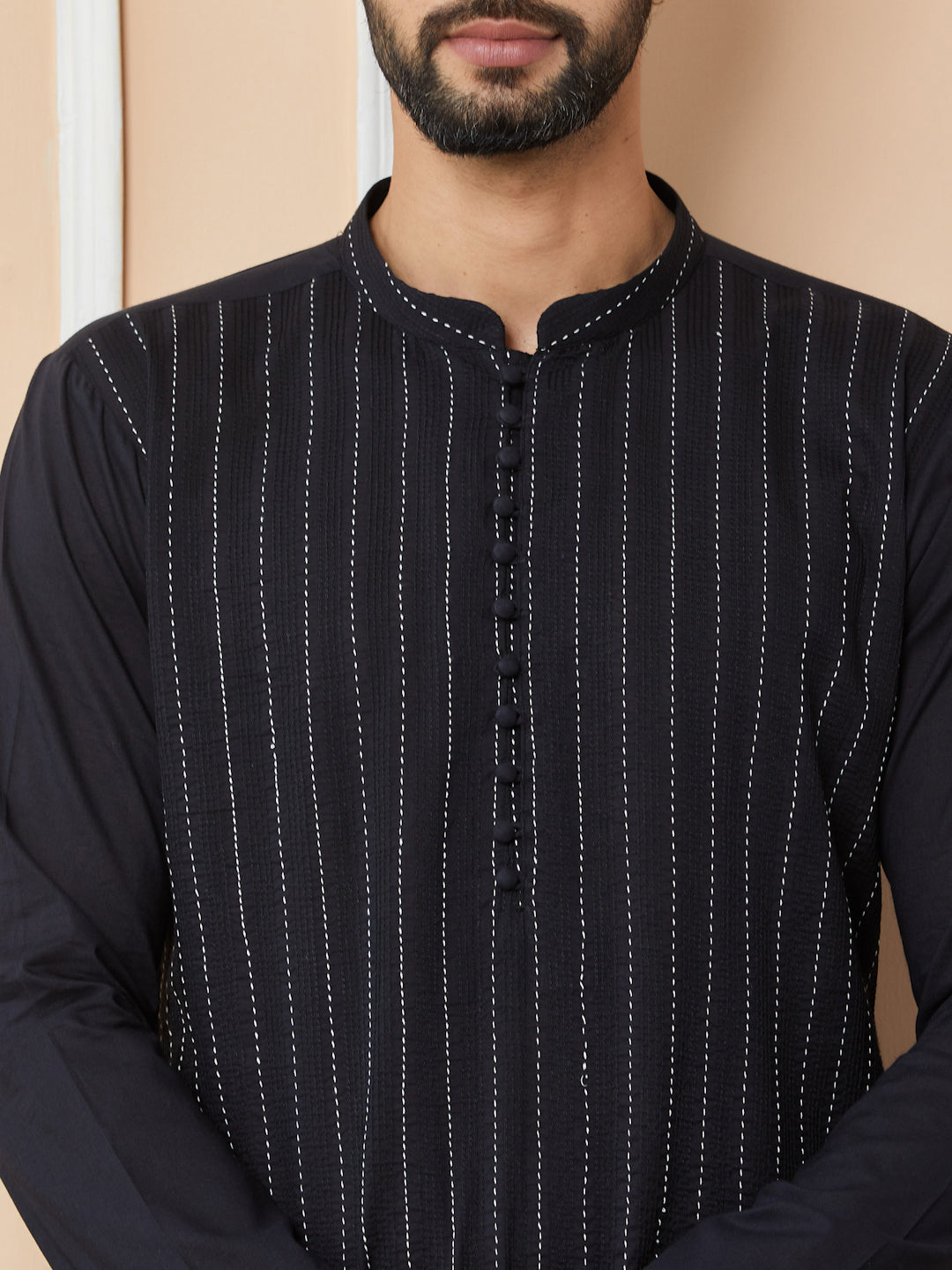 Black Thread Worked Pure Cotton Straight Kurta