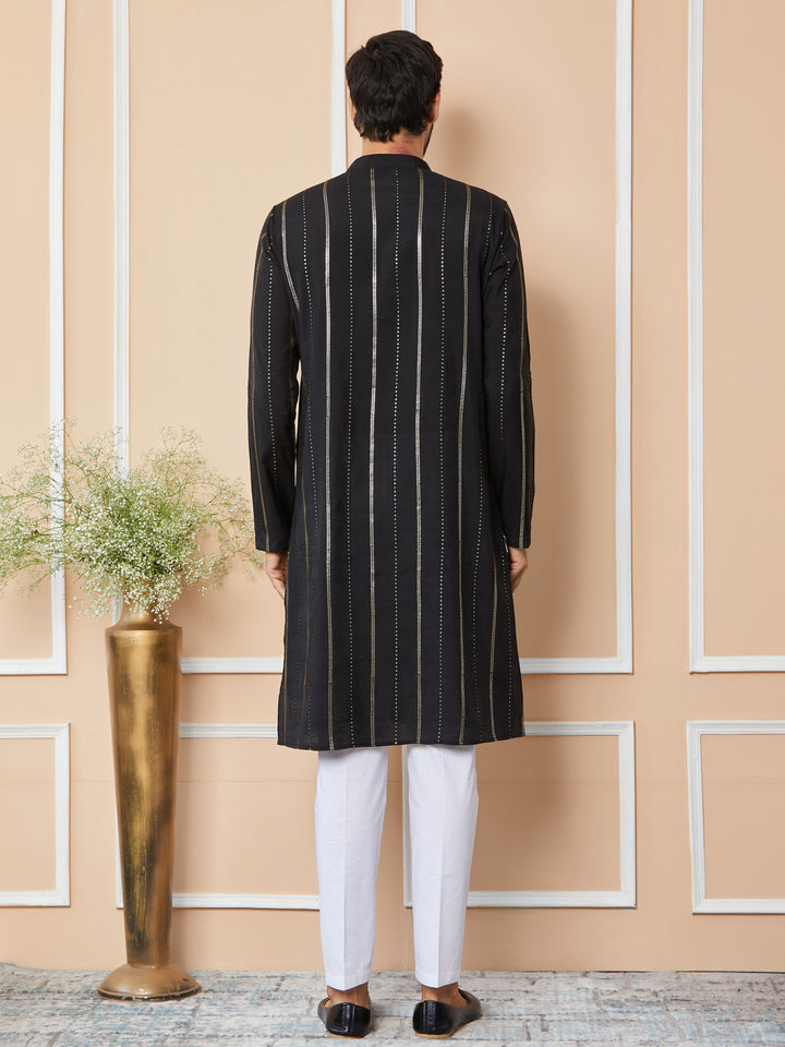 Black Sequins Embroidered Pure Chanderi Silk Straight Kurta