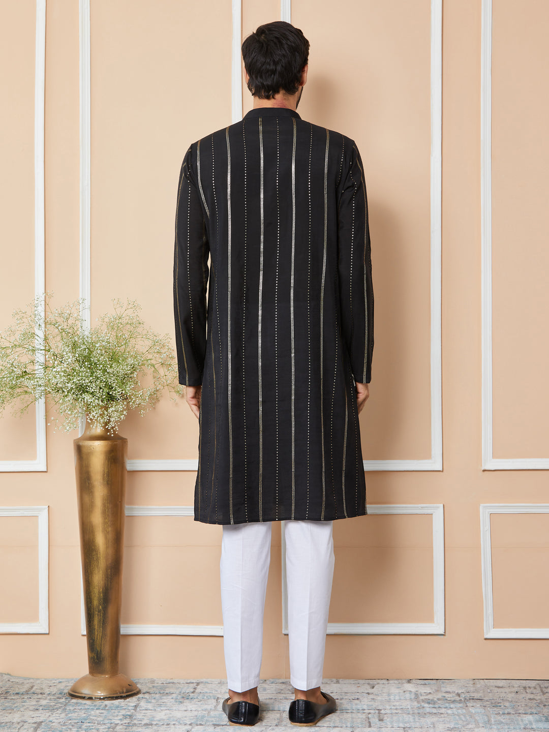 Black Sequins Embroidered Pure Chanderi Silk Straight Kurta with Pyjama