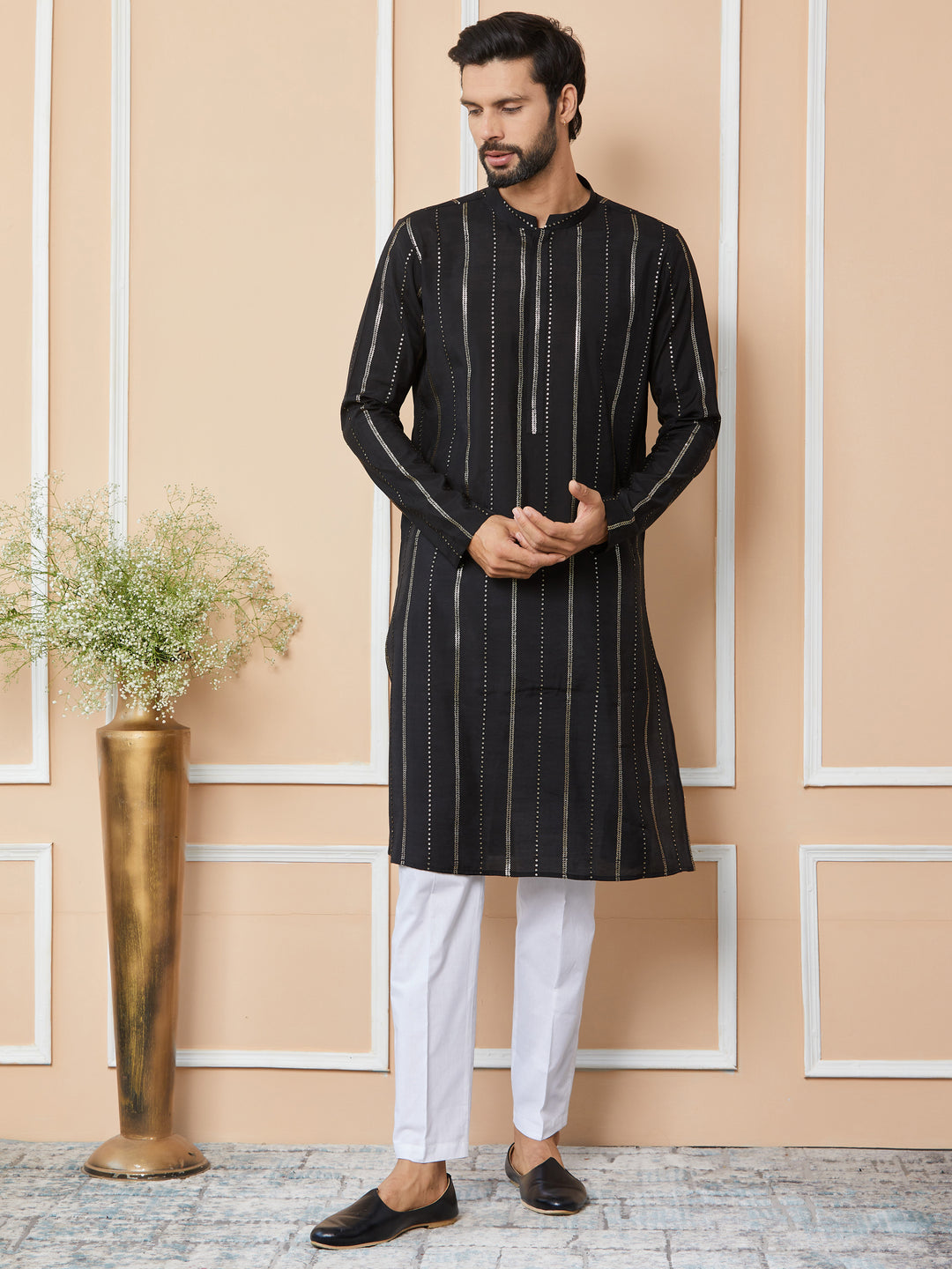 Black Sequins Embroidered Pure Chanderi Silk Straight Kurta