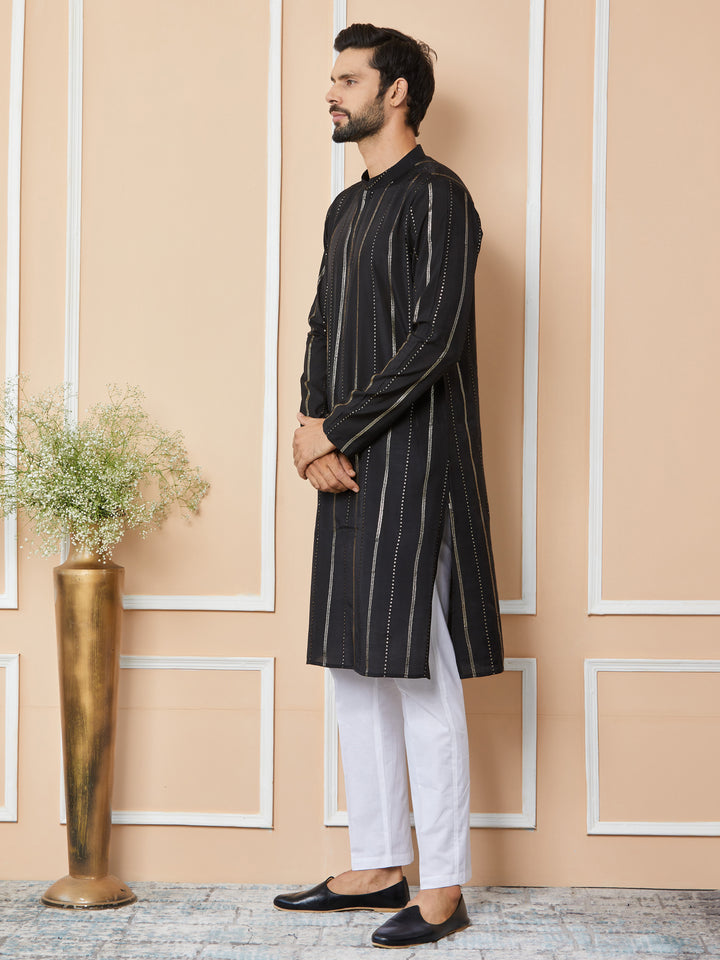 Black Sequins Embroidered Pure Chanderi Silk Straight Kurta