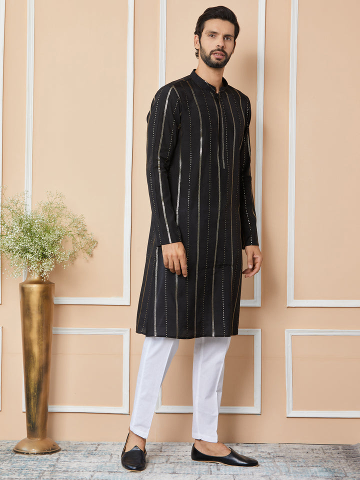 Black Sequins Embroidered Pure Chanderi Silk Straight Kurta