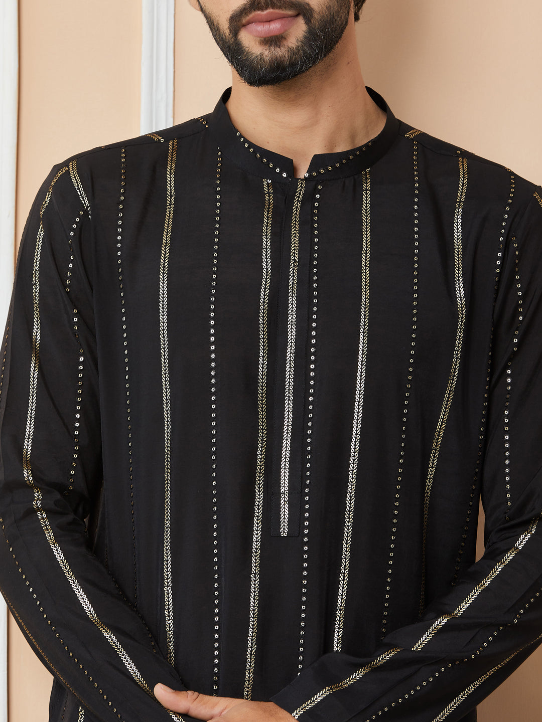 Black Sequins Embroidered Pure Chanderi Silk Straight Kurta