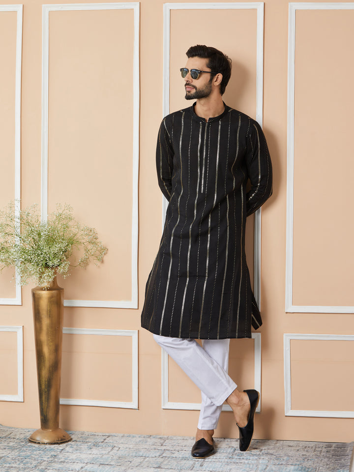 Black Sequins Embroidered Pure Chanderi Silk Straight Kurta