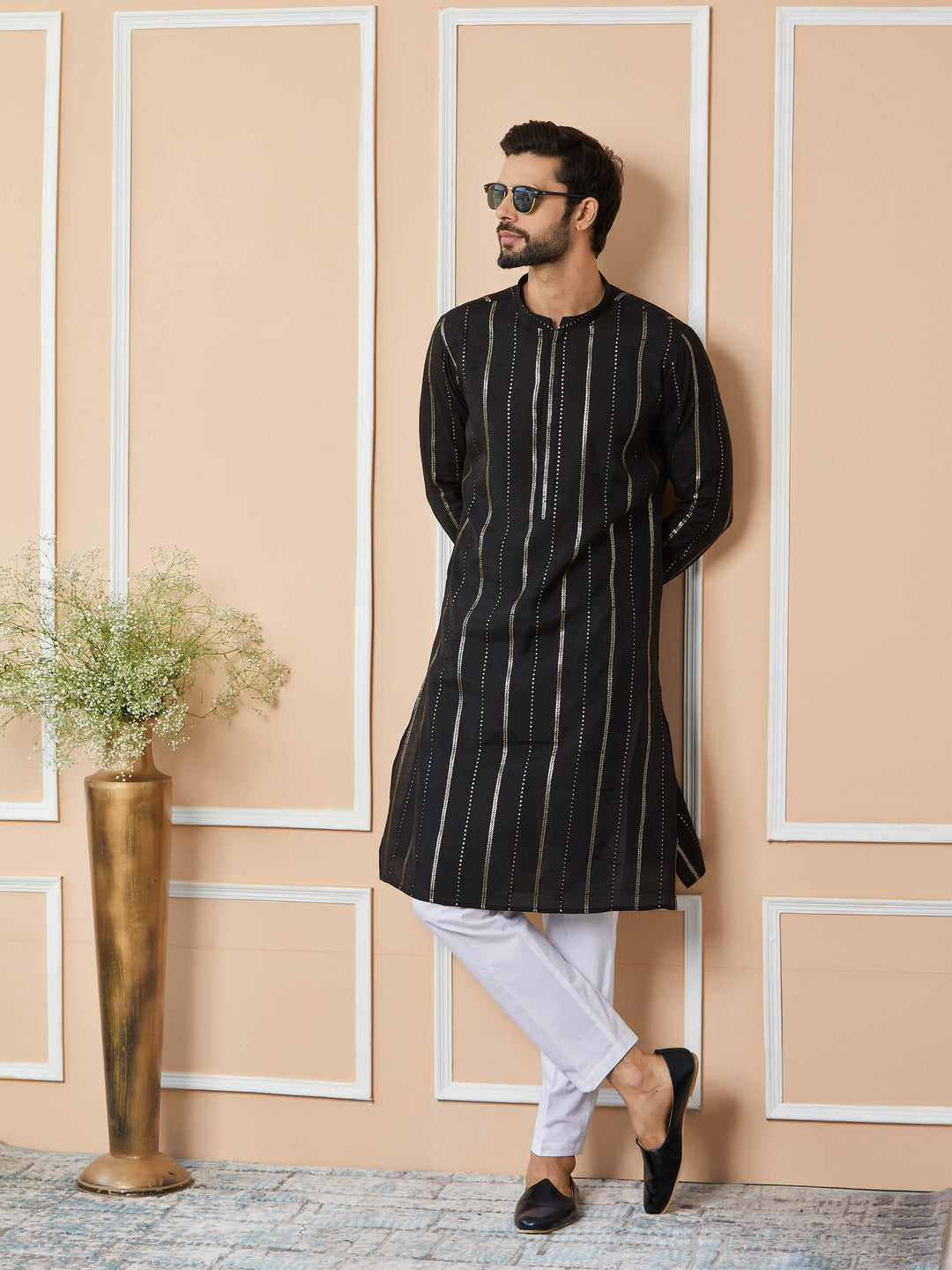 Black Sequins Embroidered Pure Chanderi Silk Straight Kurta with Pyjama