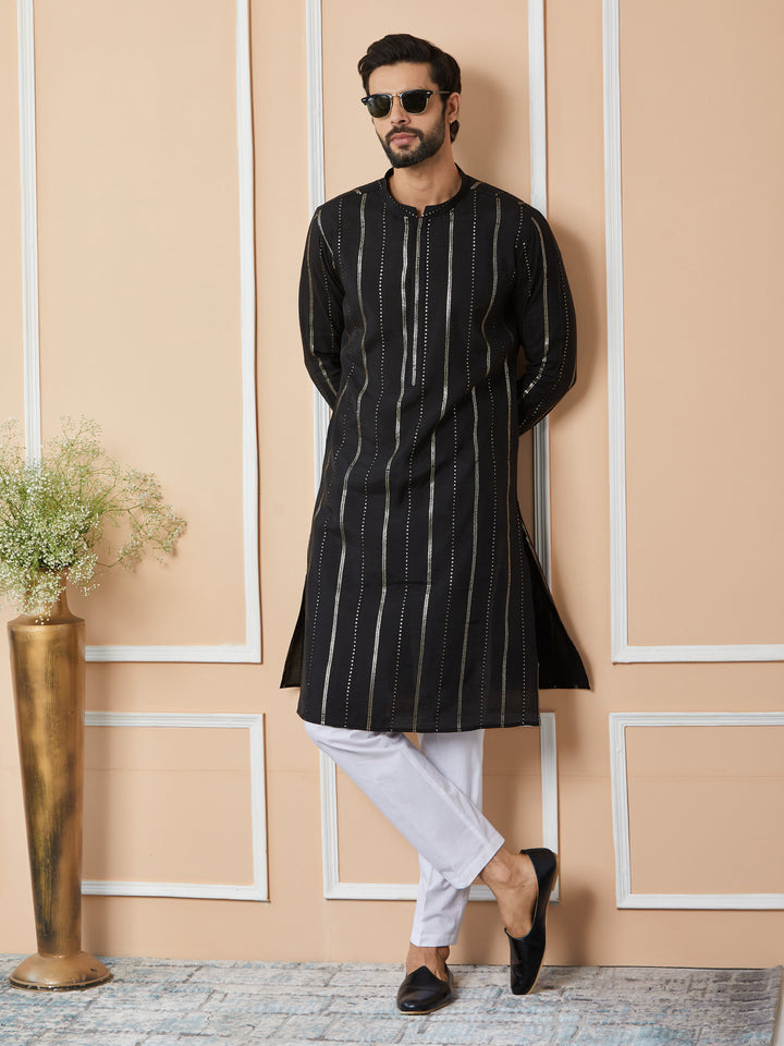 Black Sequins Embroidered Pure Chanderi Silk Straight Kurta