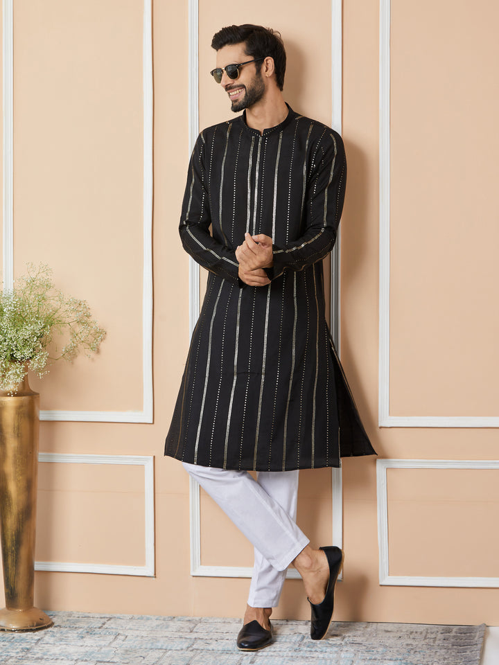 Black Sequins Embroidered Pure Chanderi Silk Straight Kurta