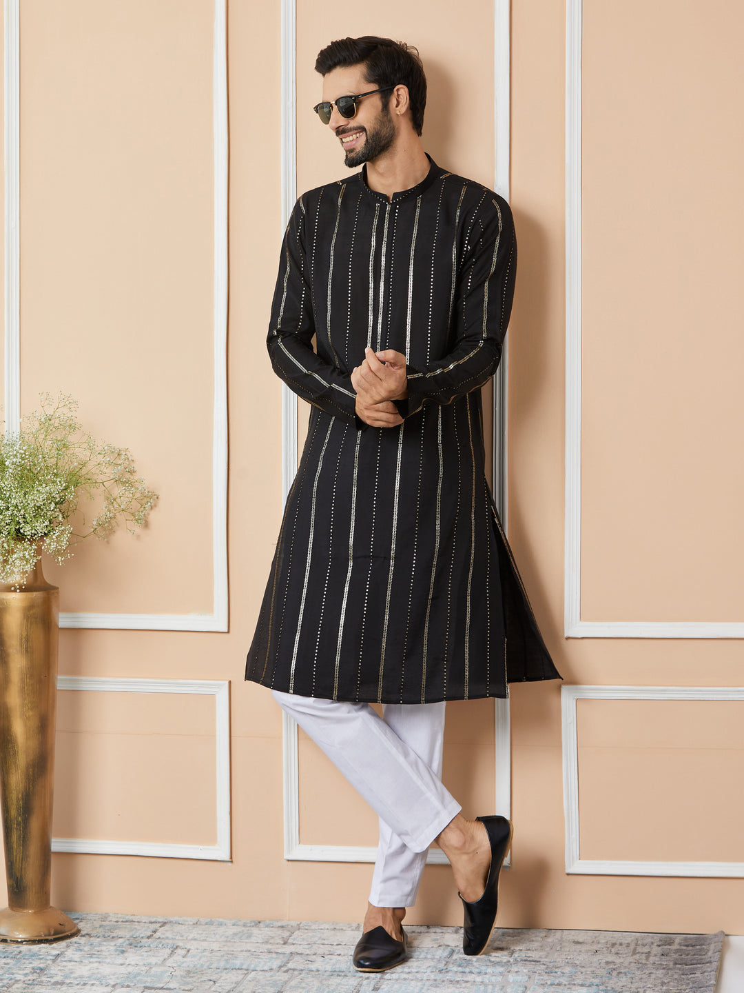 Black Sequins Embroidered Pure Chanderi Silk Straight Kurta with Pyjama