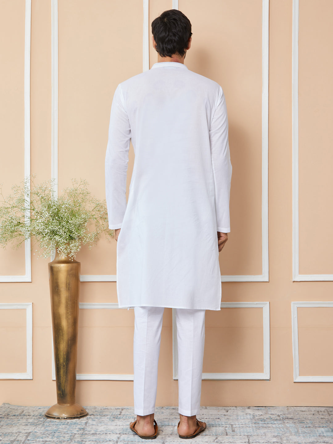 White Thread Worked Pure Cotton Straight Kurta