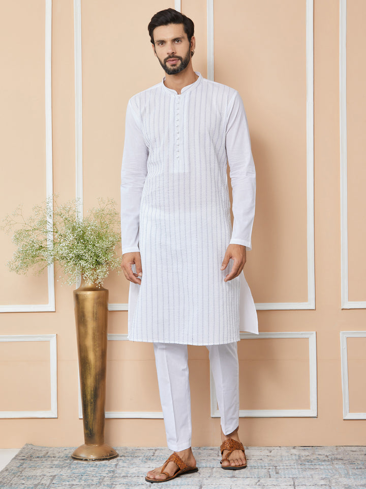 White Thread Worked Pure Cotton Straight Kurta