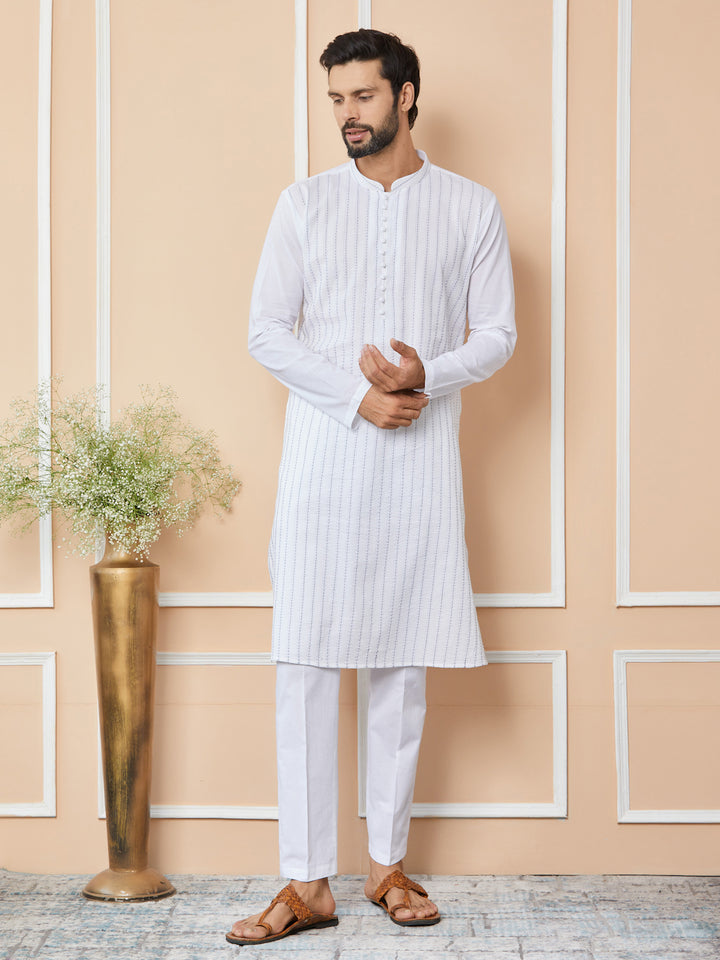 White Thread Worked Pure Cotton Straight Kurta