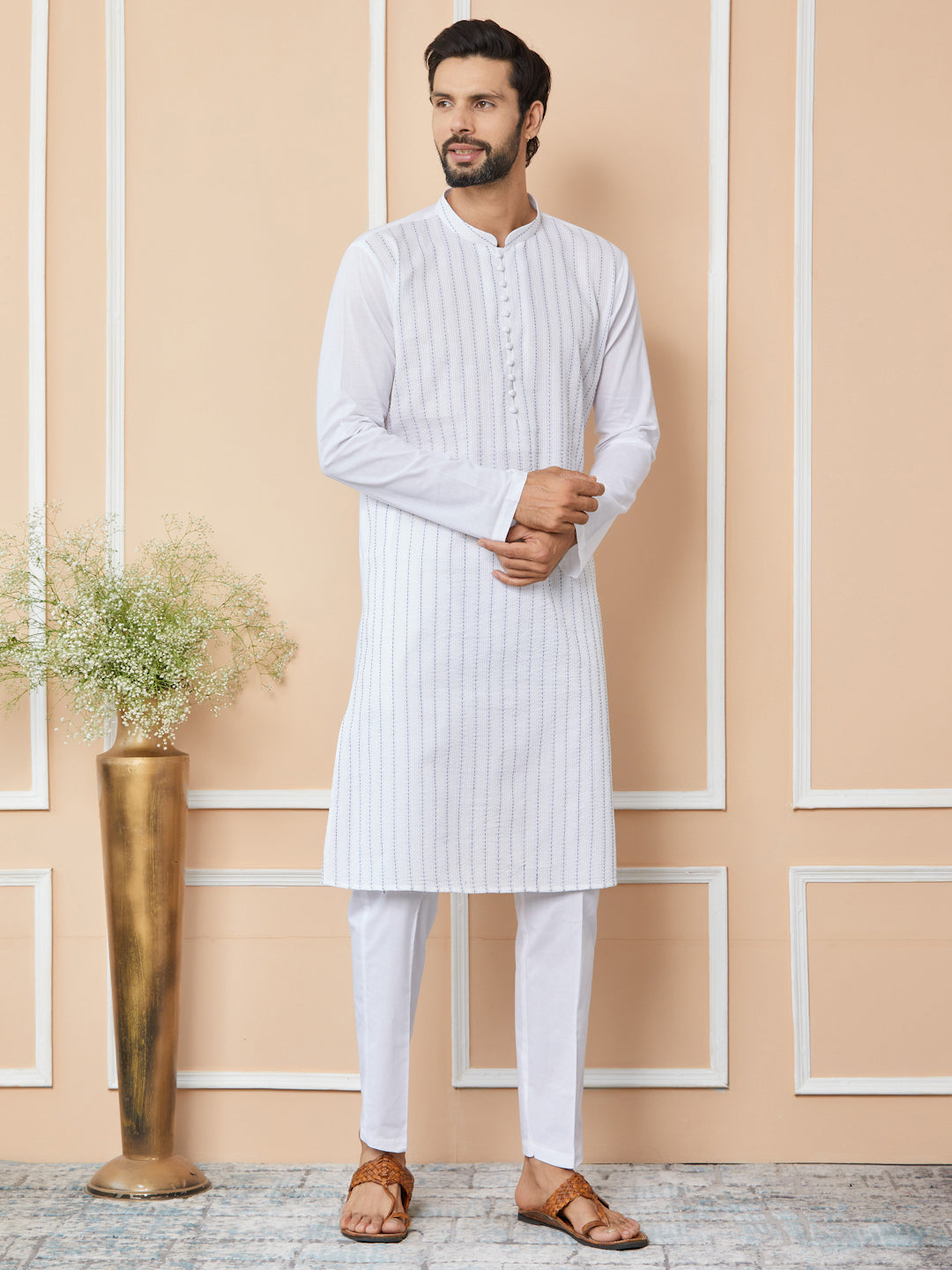 White Thread Worked Pure Cotton Straight Kurta