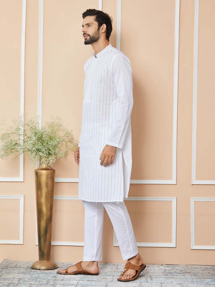 White Thread Worked Pure Cotton Straight Kurta