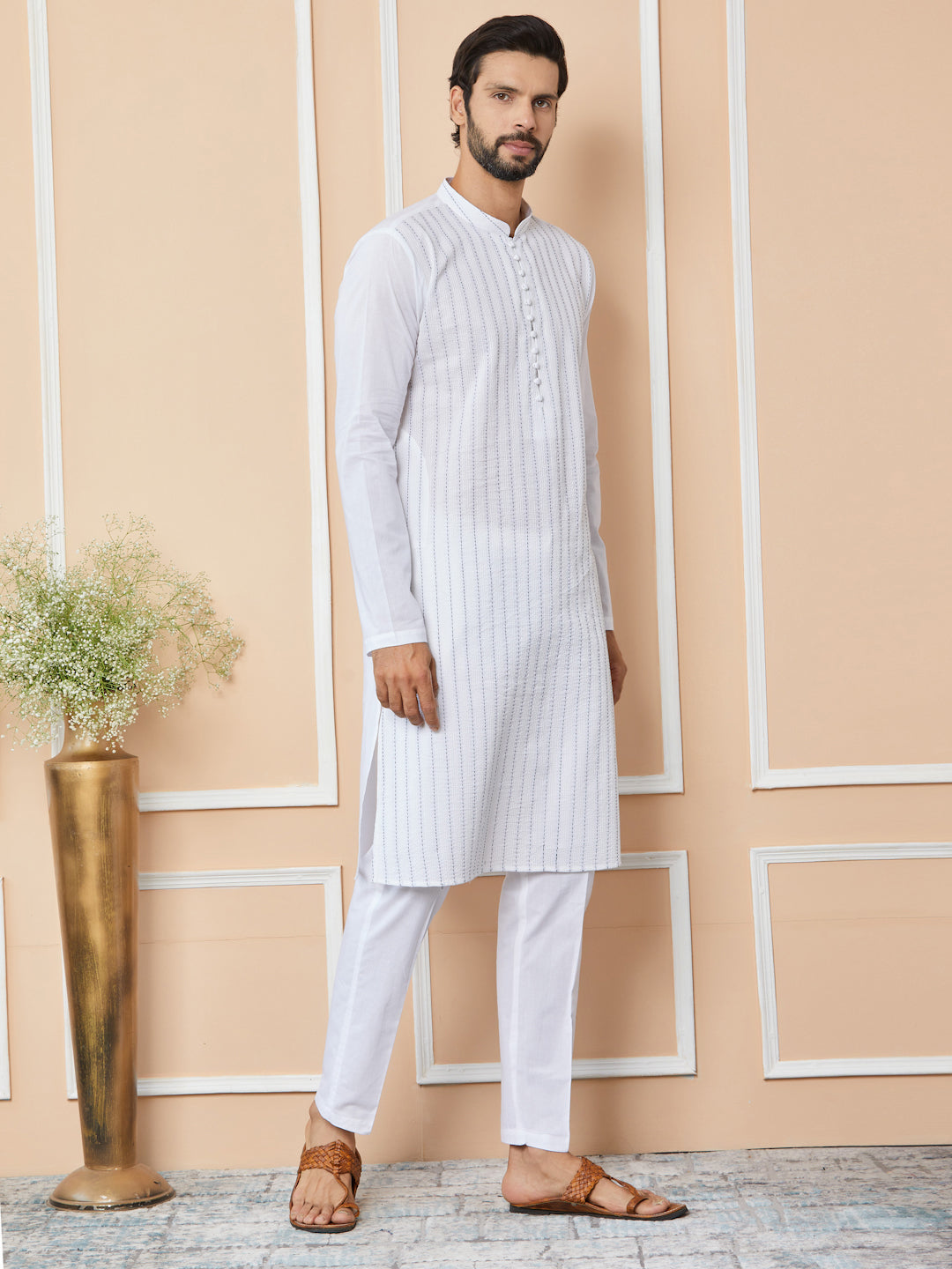 White Thread Worked Pure Cotton Straight Kurta