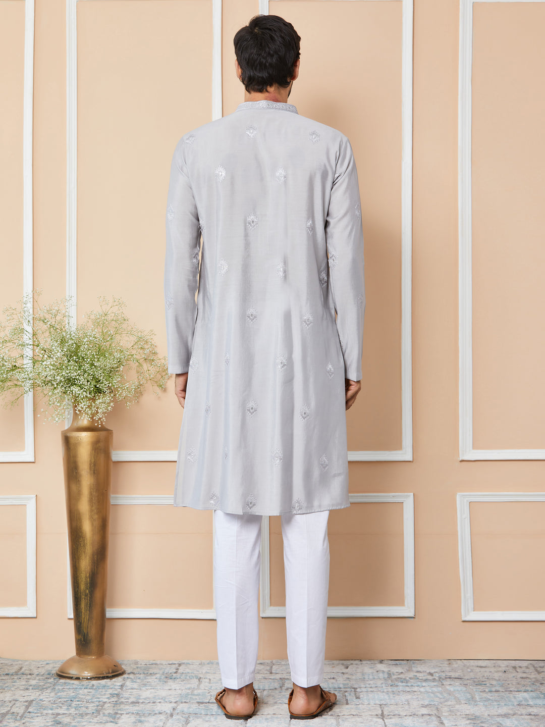 Grey Embroidered Pure Chanderi Silk Straight Kurta