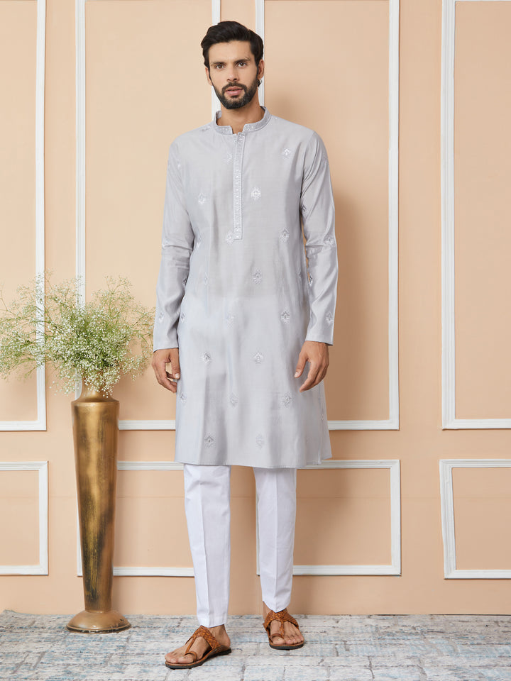 Grey Embroidered Pure Chanderi Silk Straight Kurta