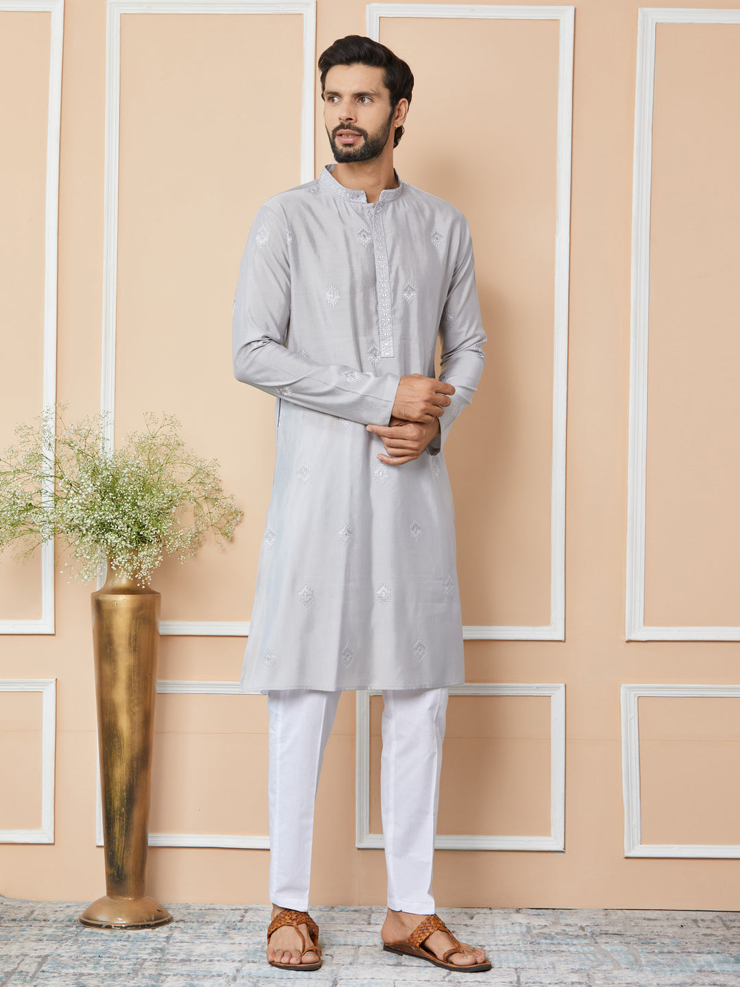 Grey Embroidered Pure Chanderi Silk Straight Kurta