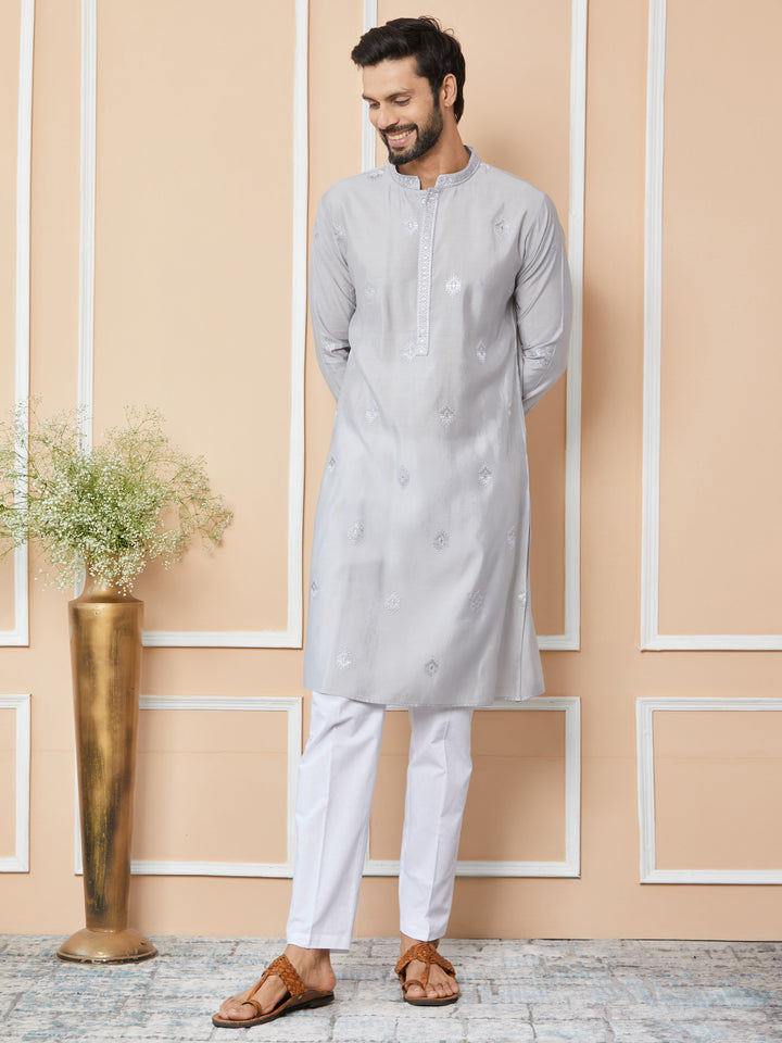 Grey Embroidered Pure Chanderi Silk Straight Kurta