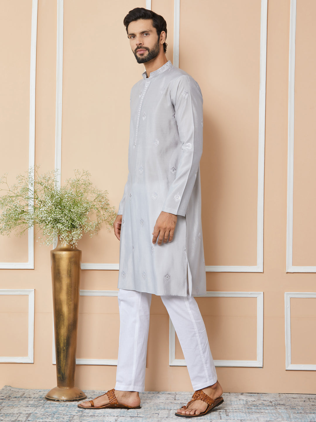 Grey Embroidered Pure Chanderi Silk Straight Kurta