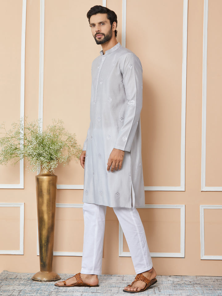 Grey Embroidered Pure Chanderi Silk Straight Kurta