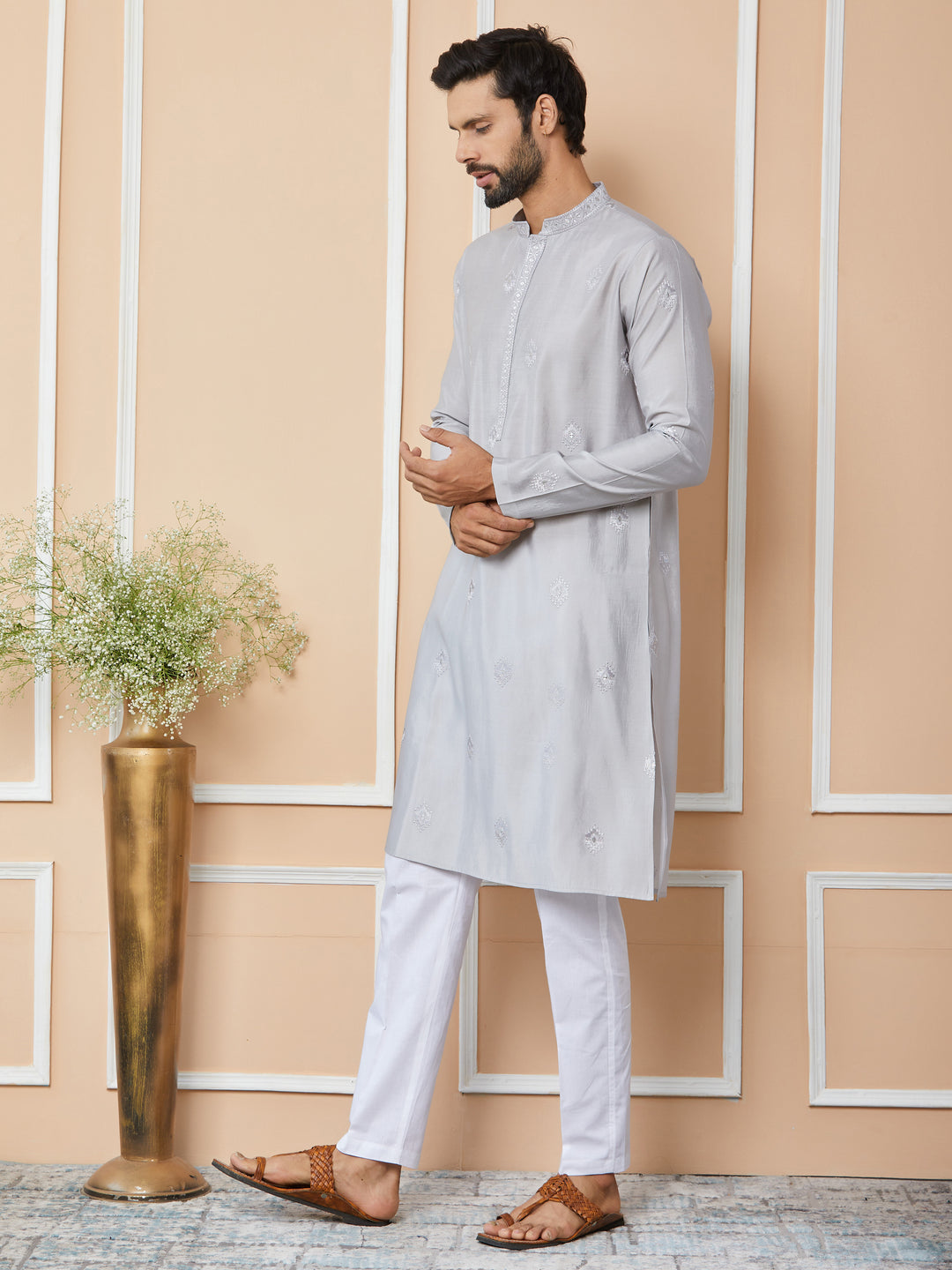 Grey Embroidered Pure Chanderi Silk Straight Kurta