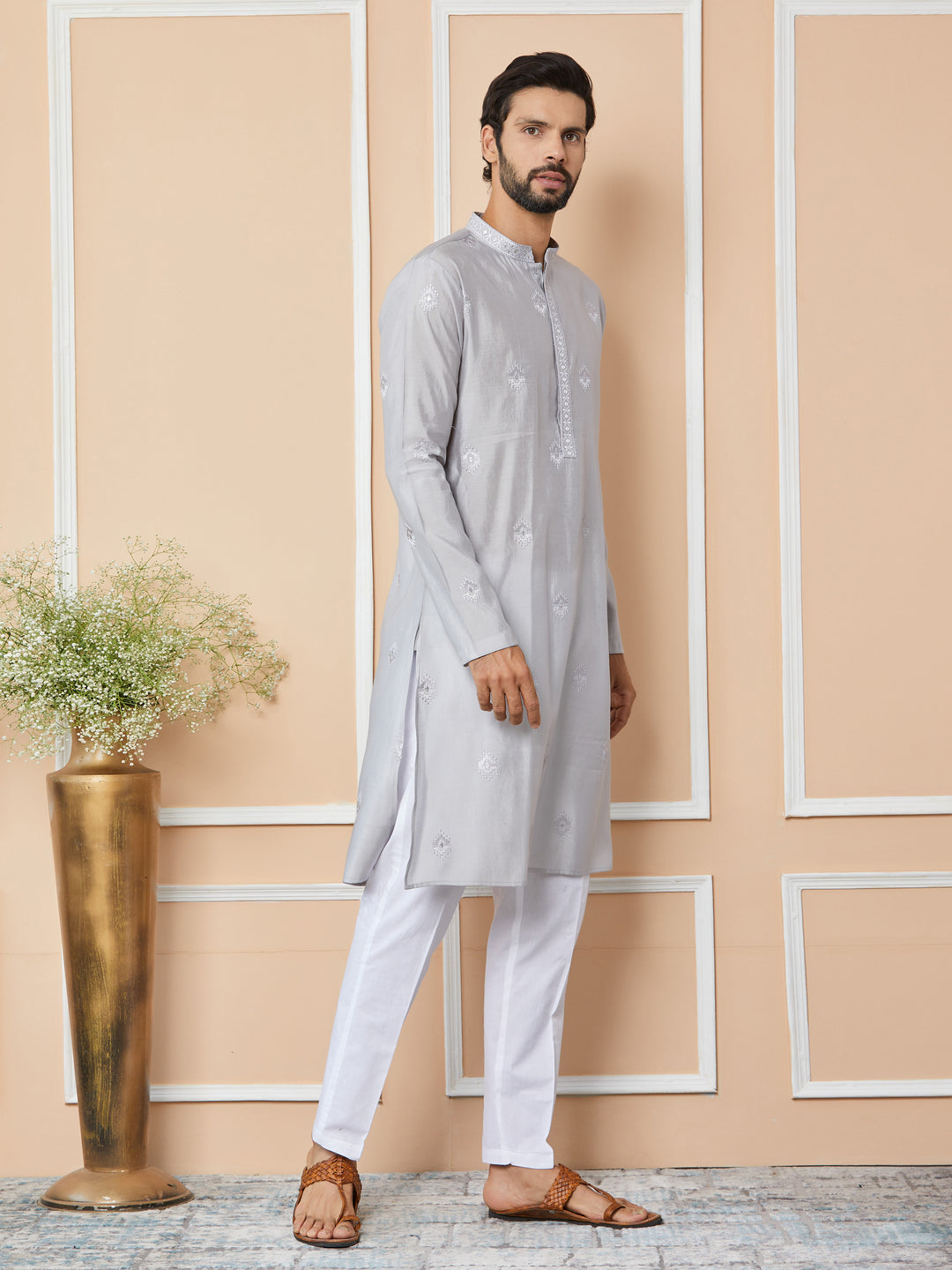 Grey Embroidered Pure Chanderi Silk Straight Kurta