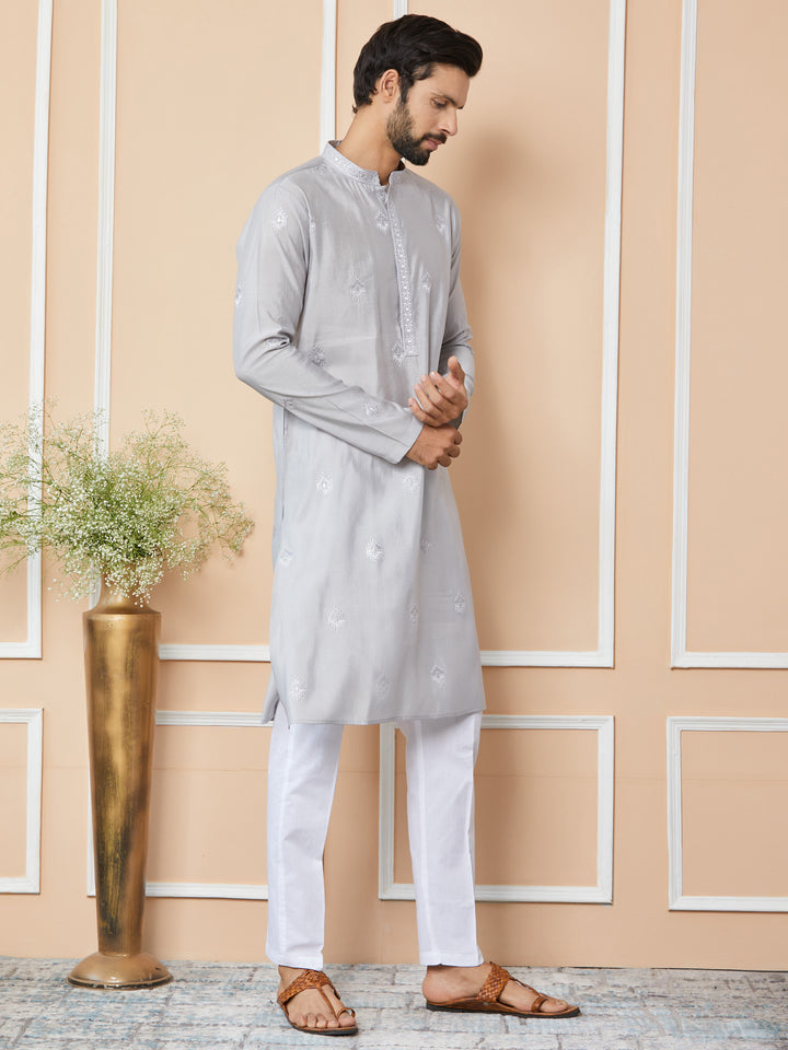 Grey Embroidered Pure Chanderi Silk Straight Kurta