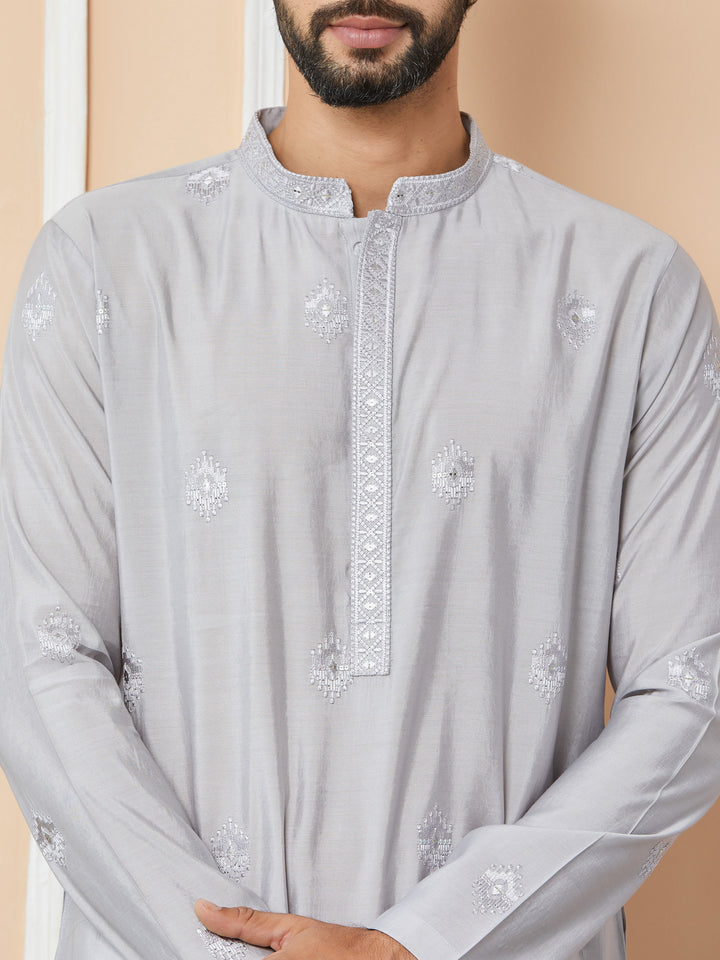 Grey Embroidered Pure Chanderi Silk Straight Kurta