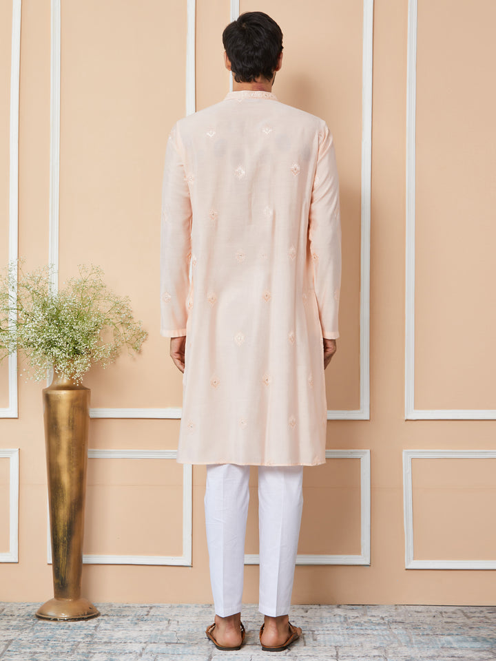 Peach Embroidered Pure Chanderi Silk Straight Kurta