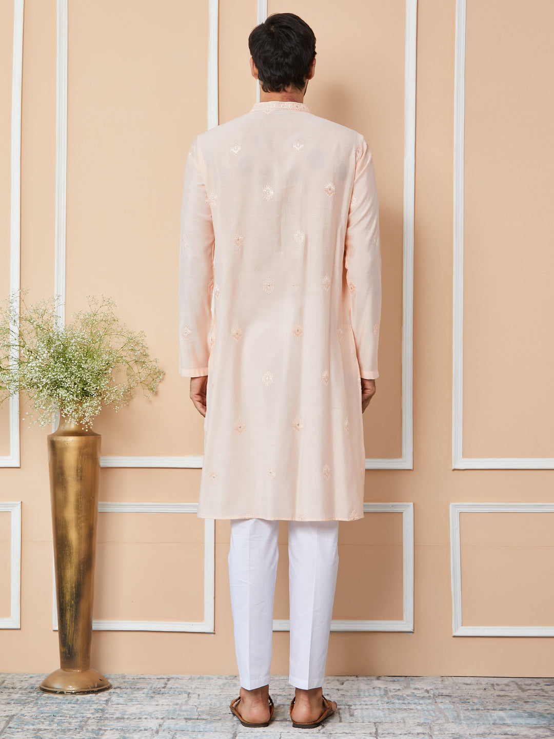 Peach Embroidered Pure Chanderi Silk Straight Kurta with Pyjama