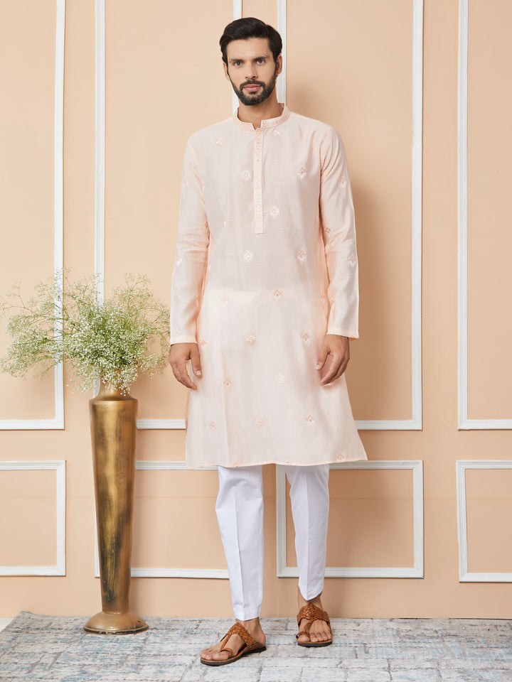 Peach Embroidered Pure Chanderi Silk Straight Kurta