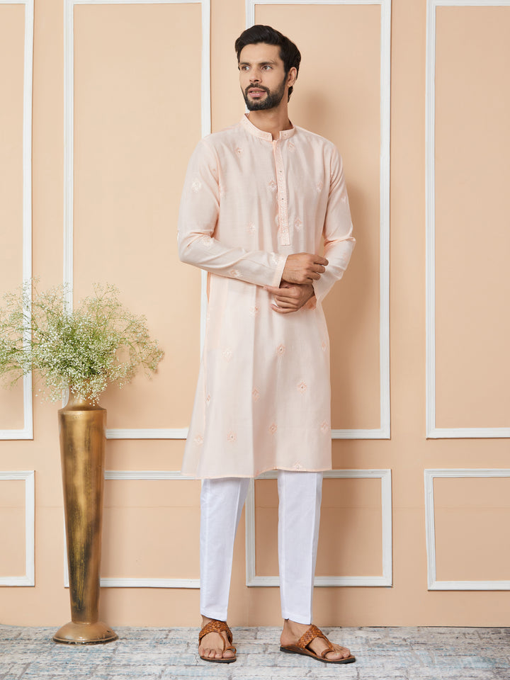 Peach Embroidered Pure Chanderi Silk Straight Kurta